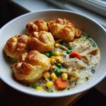 A comforting bowl of chicken pot pie soup topped with golden, flaky crusts and garnished with fresh herbs.
