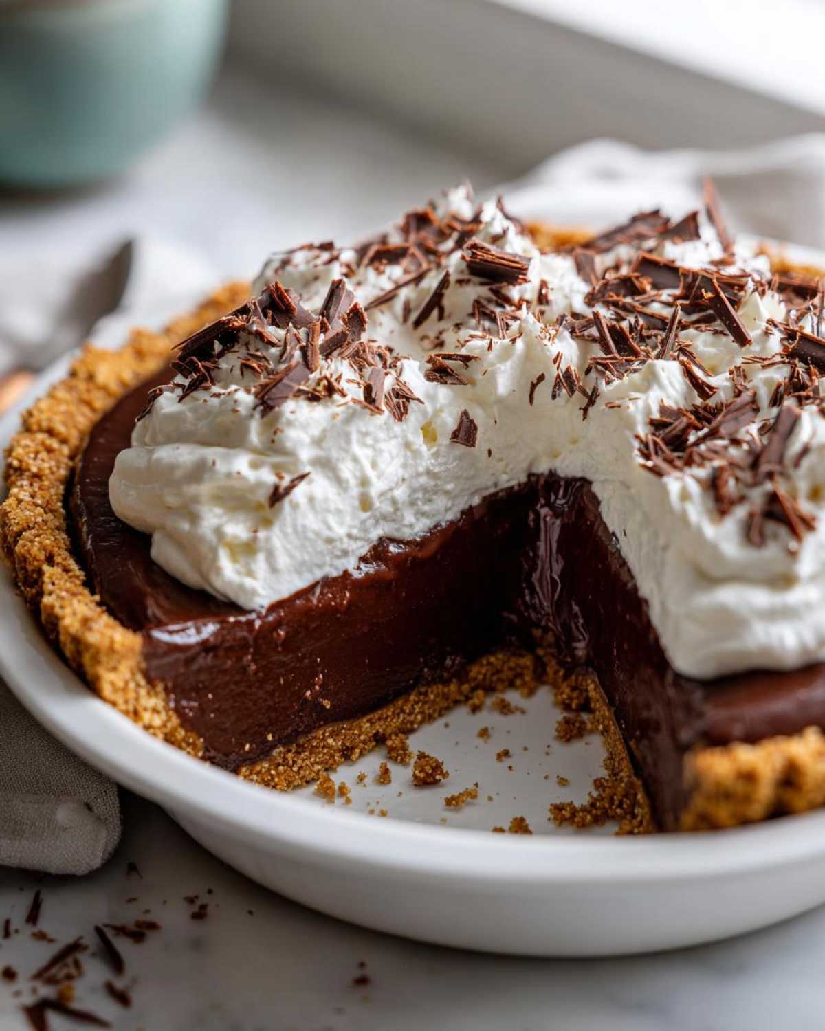 A decadent chocolate cream pie with a slice missing, topped with whipped cream and chocolate shavings.