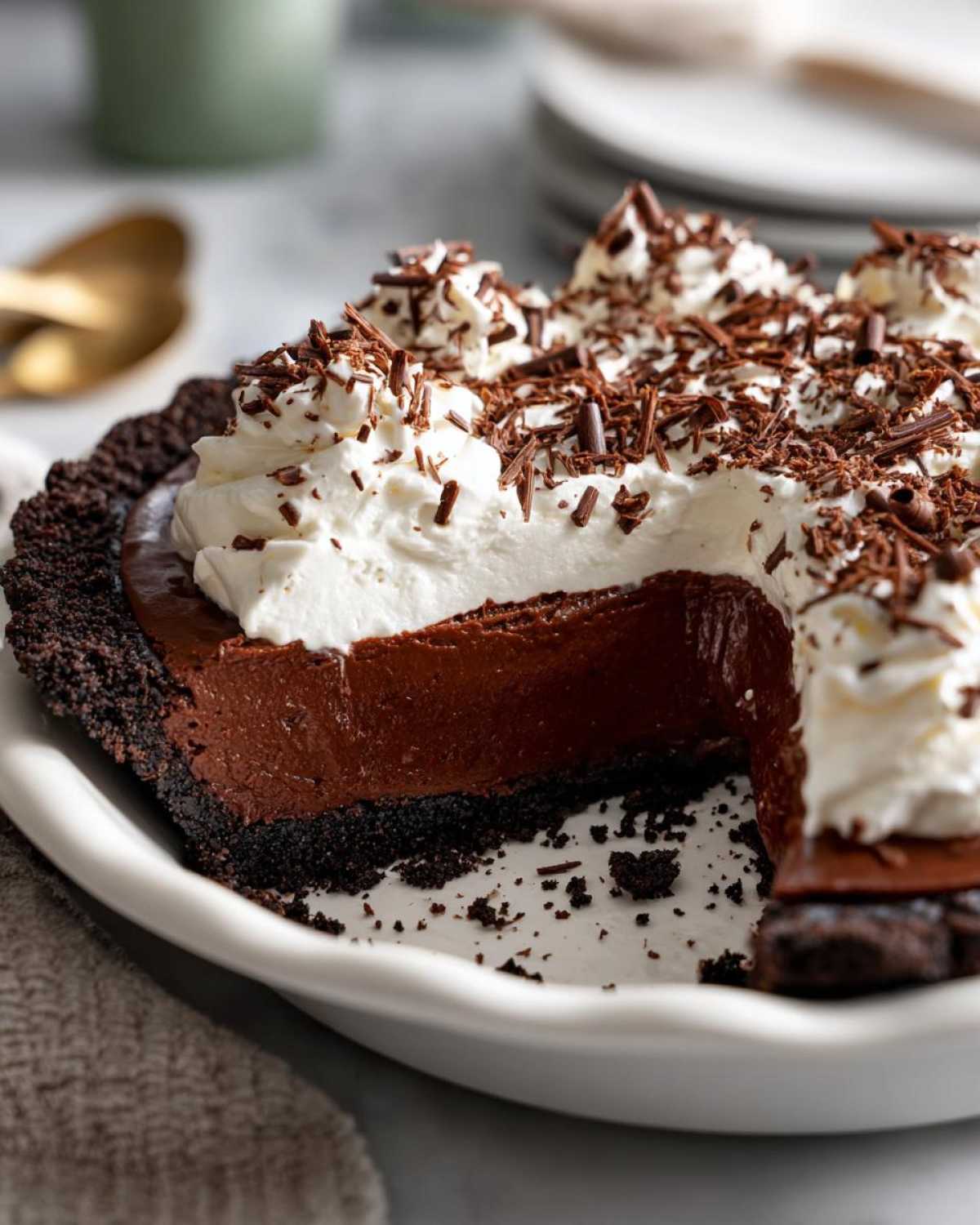 A decadent slice of chocolate cream pie with whipped cream and chocolate shavings on a dark chocolate crust.