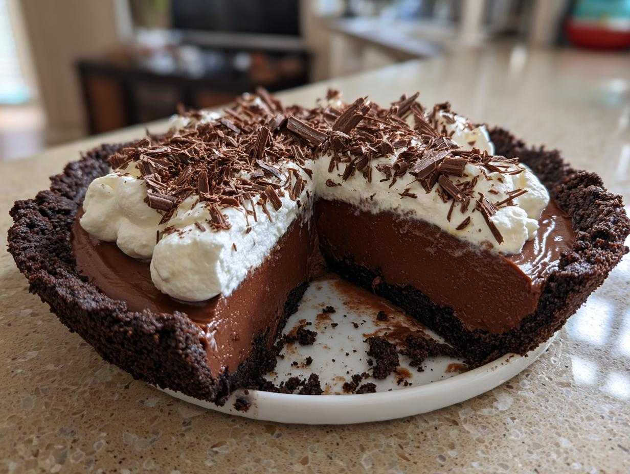 A decadent chocolate cream pie with a slice removed, topped with whipped cream and chocolate shavings.