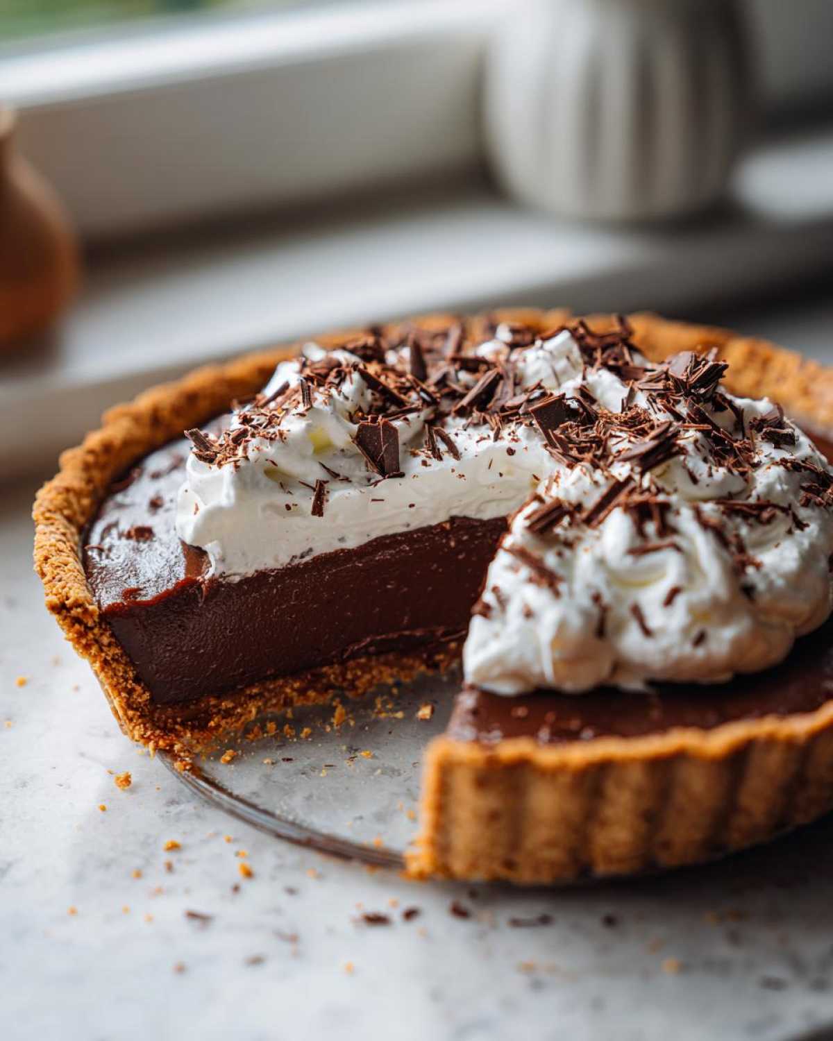 A sliced chocolate cream pie topped with whipped cream and chocolate shavings. A decadent dessert.