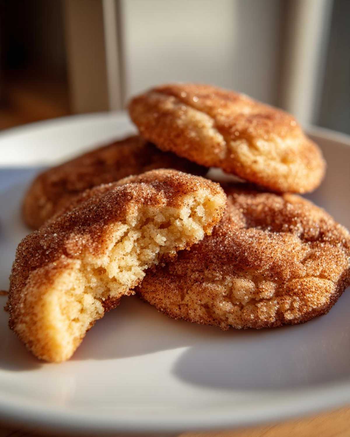Close-up of churro cookies on a white plate, one broken in half to show the inside texture.