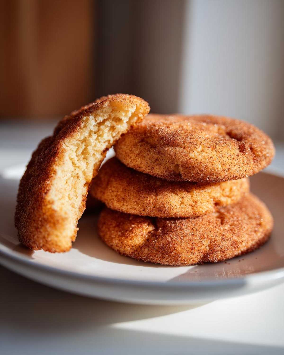 A stack of four churro cookies on a white plate, with one cookie broken in half to show the inside texture.