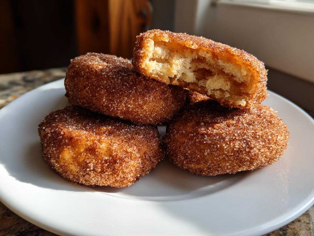 A stack of freshly baked churro cookies coated in cinnamon sugar, one cookie broken in half.