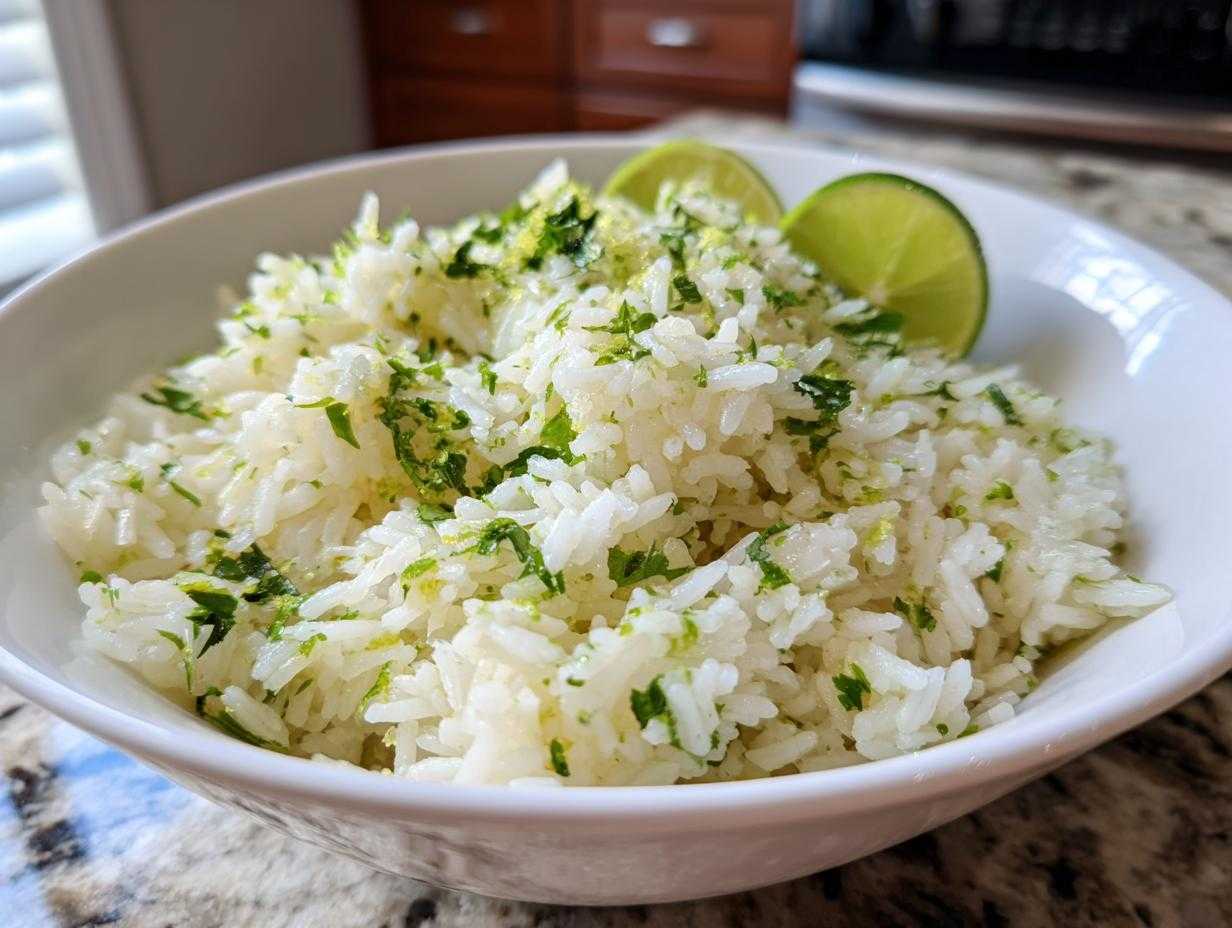 Bowl of fluffy cilantro lime rice, a Chipotle copycat recipe, garnished with lime wedges.