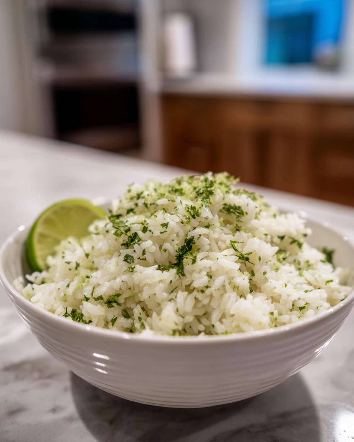 A bowl of fluffy cilantro lime rice (Chipotle copycat) with a lime wedge on a marble countertop.