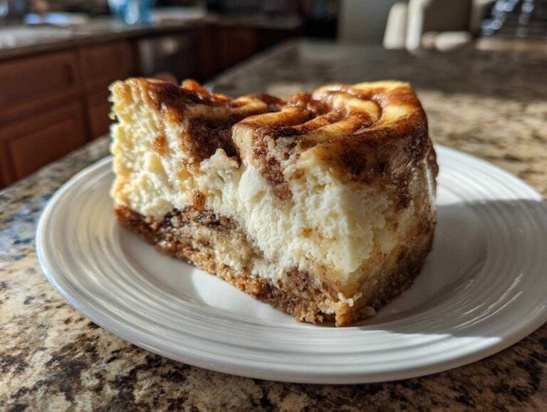 A delicious slice of cinnamon roll cheesecake with a graham cracker crust on a white plate.