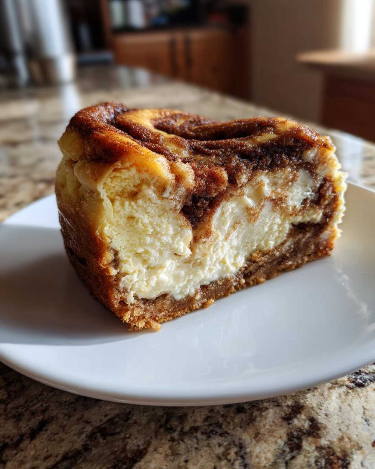 A slice of cinnamon roll cheesecake with creamy filling and cinnamon swirl on a white plate.