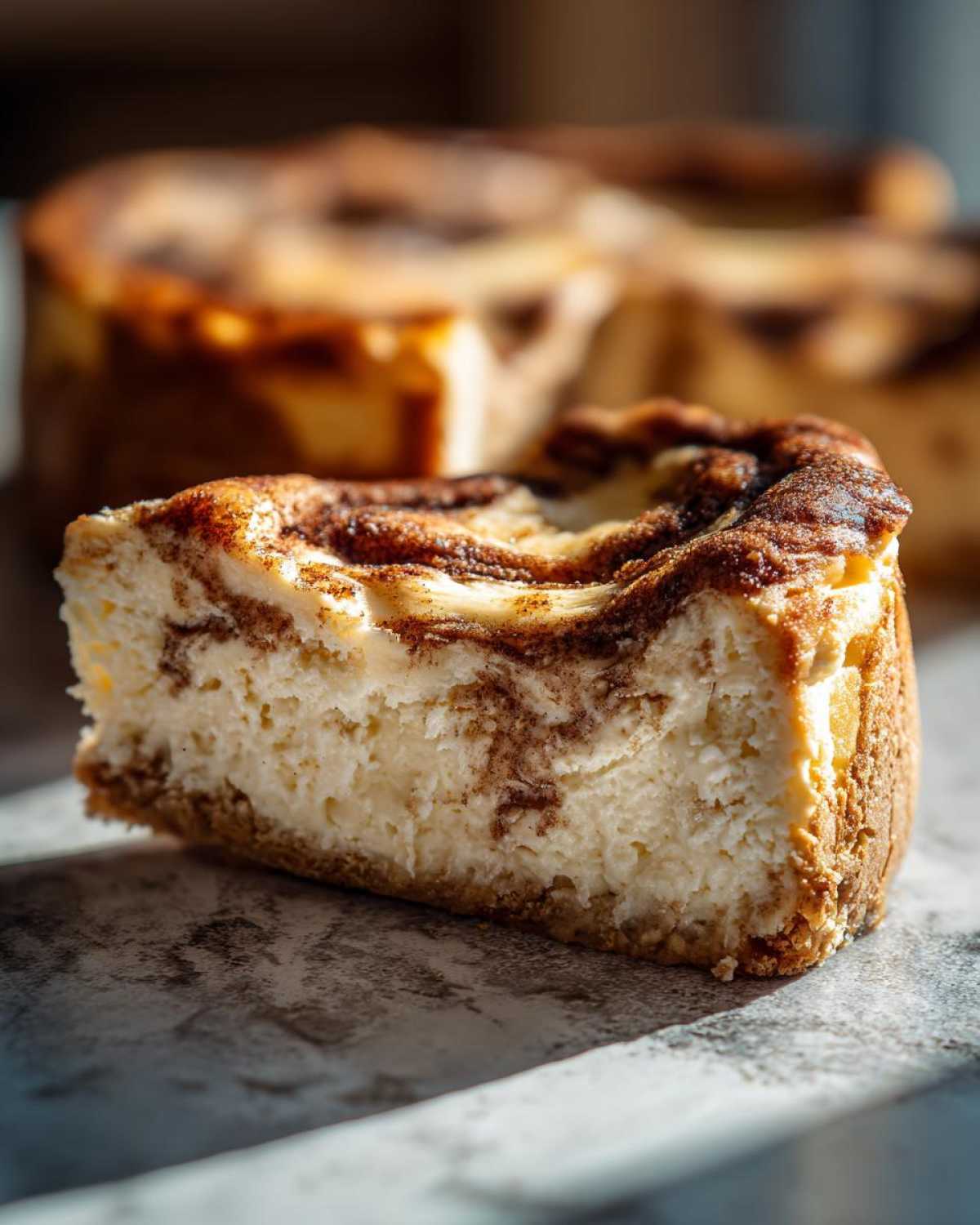 A delicious slice of cinnamon roll cheesecake with a creamy filling and cinnamon swirl.