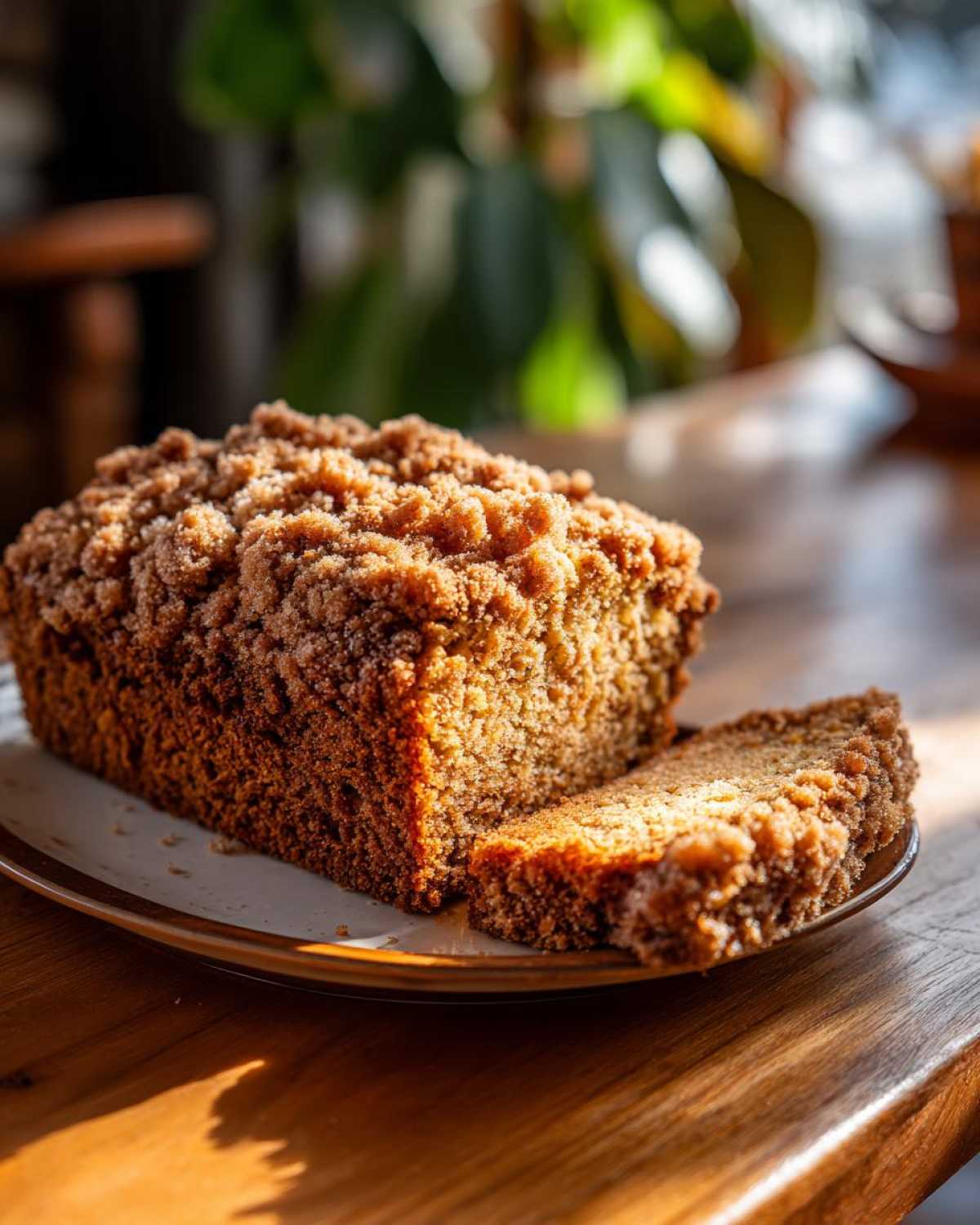 A loaf of cinnamon streusel zucchini bread with a slice cut, showcasing the moist texture and crumbly topping.