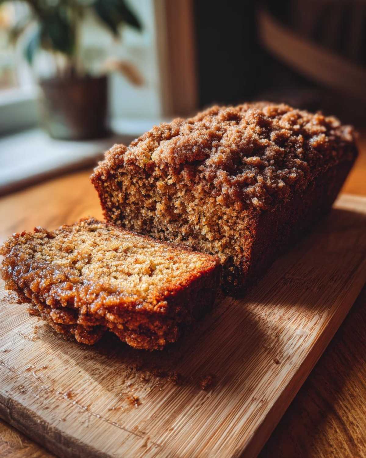 A loaf of cinnamon streusel zucchini bread with a slice cut, sitting on a wooden board.