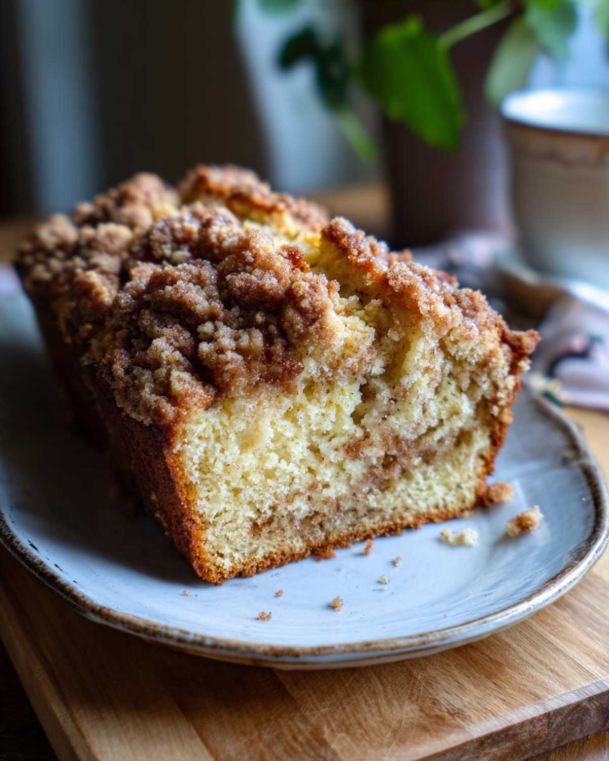 A moist loaf of Cinnamon streusel zucchini bread on a plate, showcasing the streusel topping.