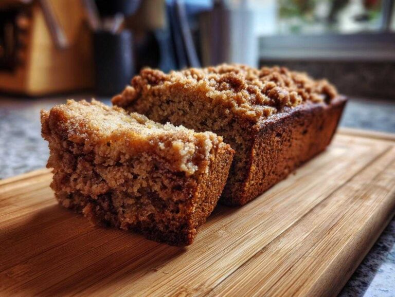 A loaf of cinnamon streusel zucchini bread with a slice cut, sitting on a wooden board.