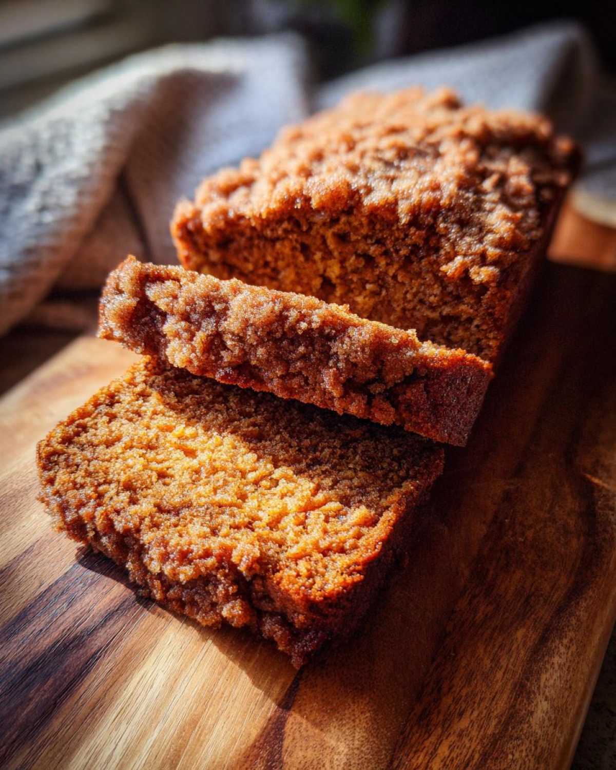 Slices of cinnamon streusel zucchini bread stacked on a wooden board, showing the moist texture and streusel topping.