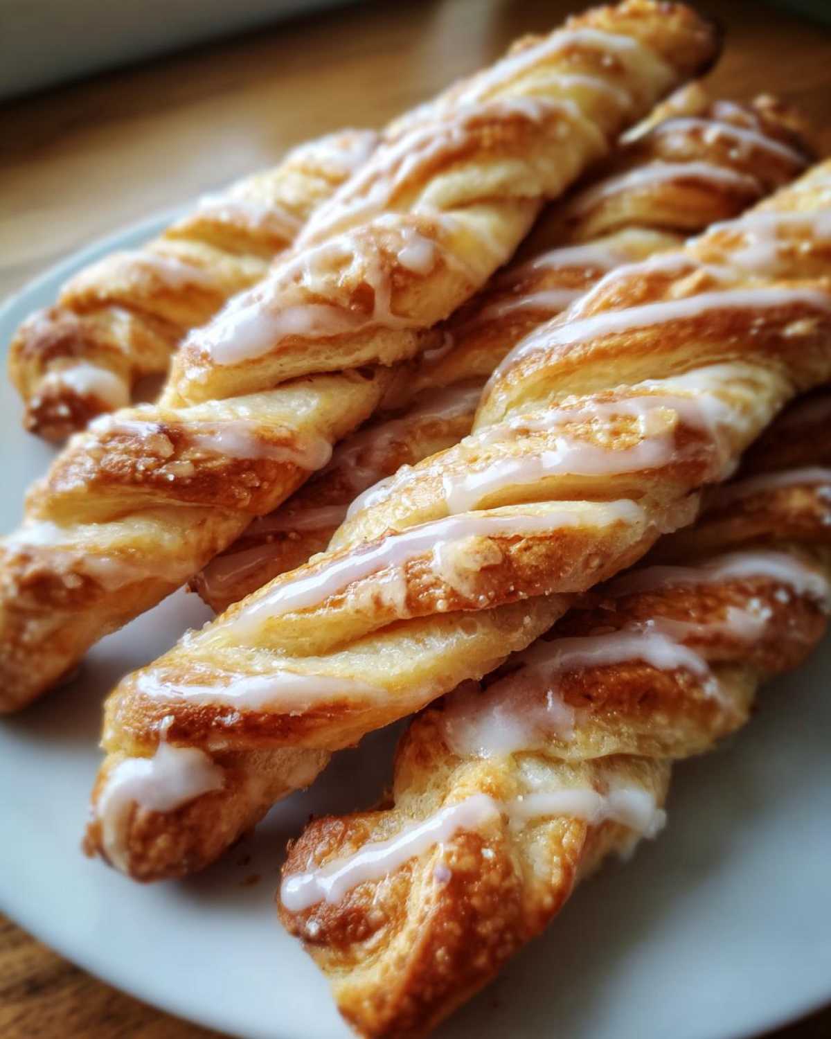 Close-up of several golden brown cinnamon twists drizzled with white icing on a white plate.