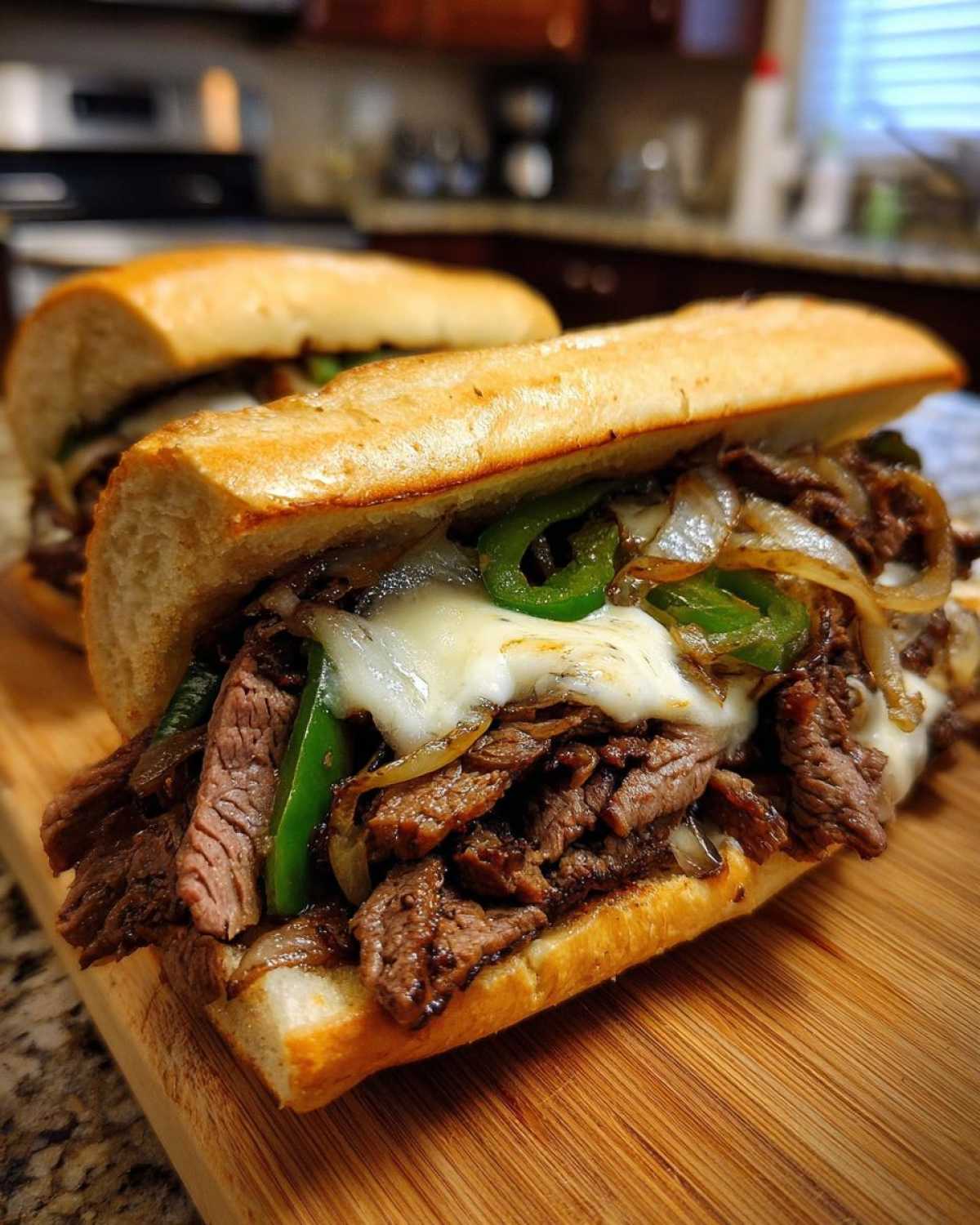 Two classic Philly cheesesteak sandwiches with steak, cheese, peppers, and onions on a wooden board.
