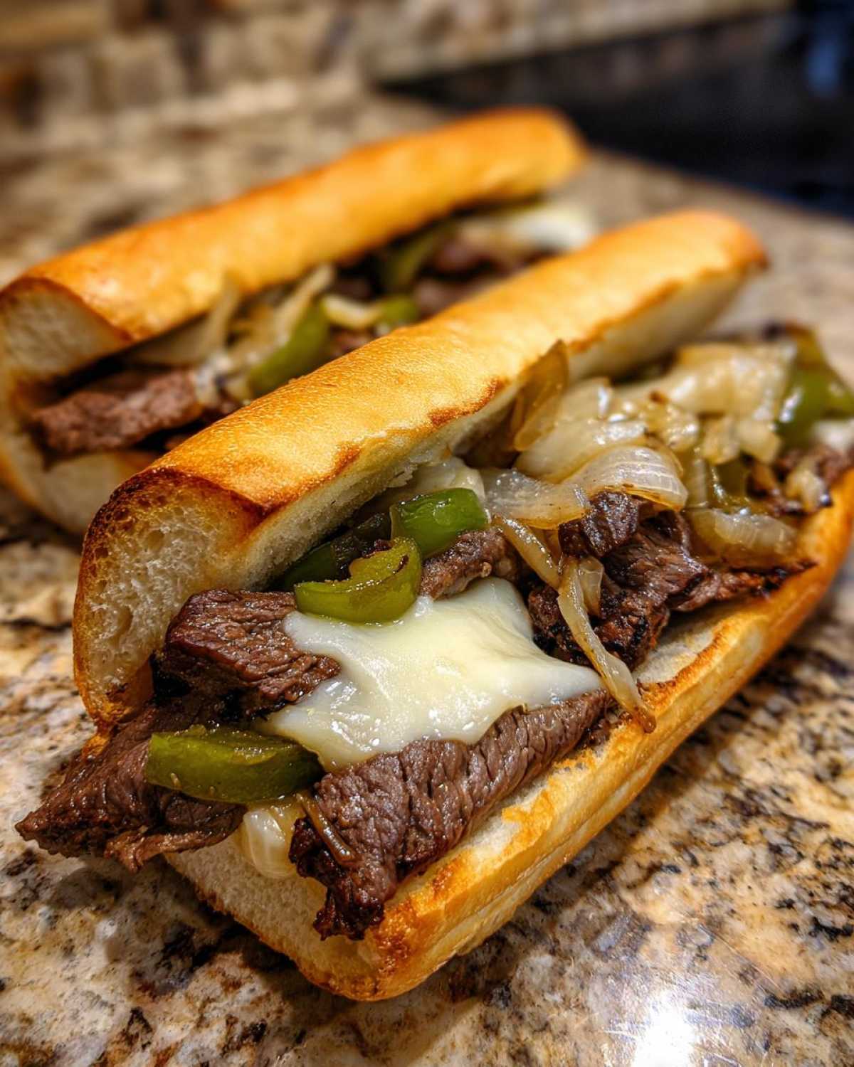 Two classic Philly cheesesteak sandwiches with steak, melted cheese, onions, and peppers on a long roll.