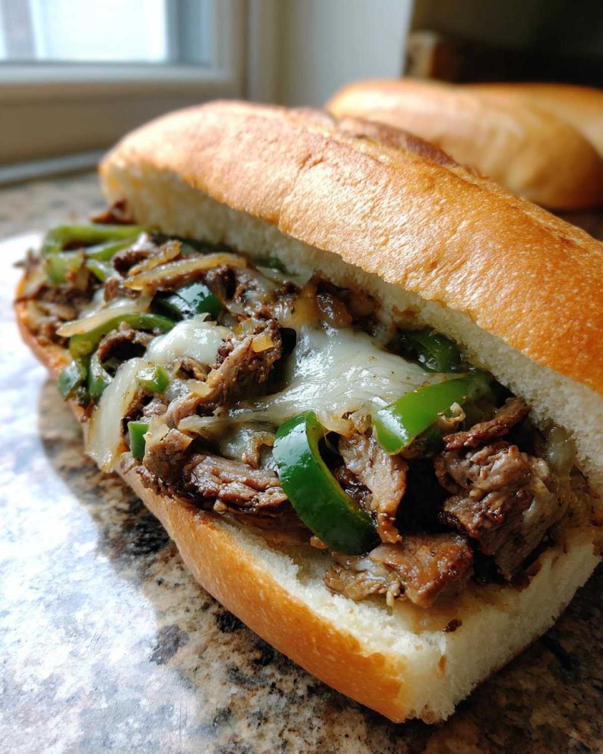 A delicious classic Philly cheesesteak sandwich filled with steak, peppers, onions, and melted cheese.