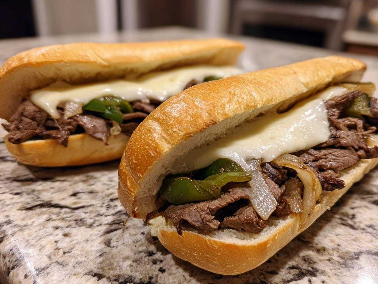 Two classic Philly cheesesteak sandwiches with steak, onions, peppers, and melted cheese on a crusty roll.