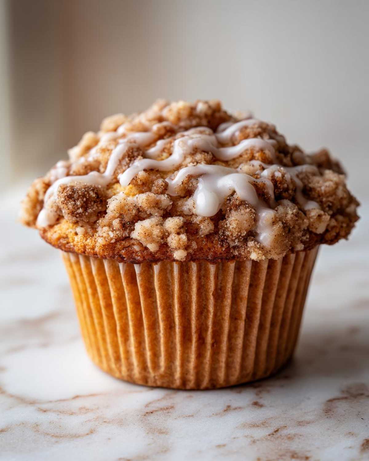 Close-up of a single coffee cake muffin with a crumble topping and icing drizzle.