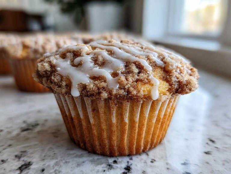 Close-up of a coffee cake muffin with a streusel topping and vanilla icing drizzle.
