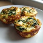 Three Cottage Cheese Egg Cups With Spinach & Feta on a white plate, ready to eat.