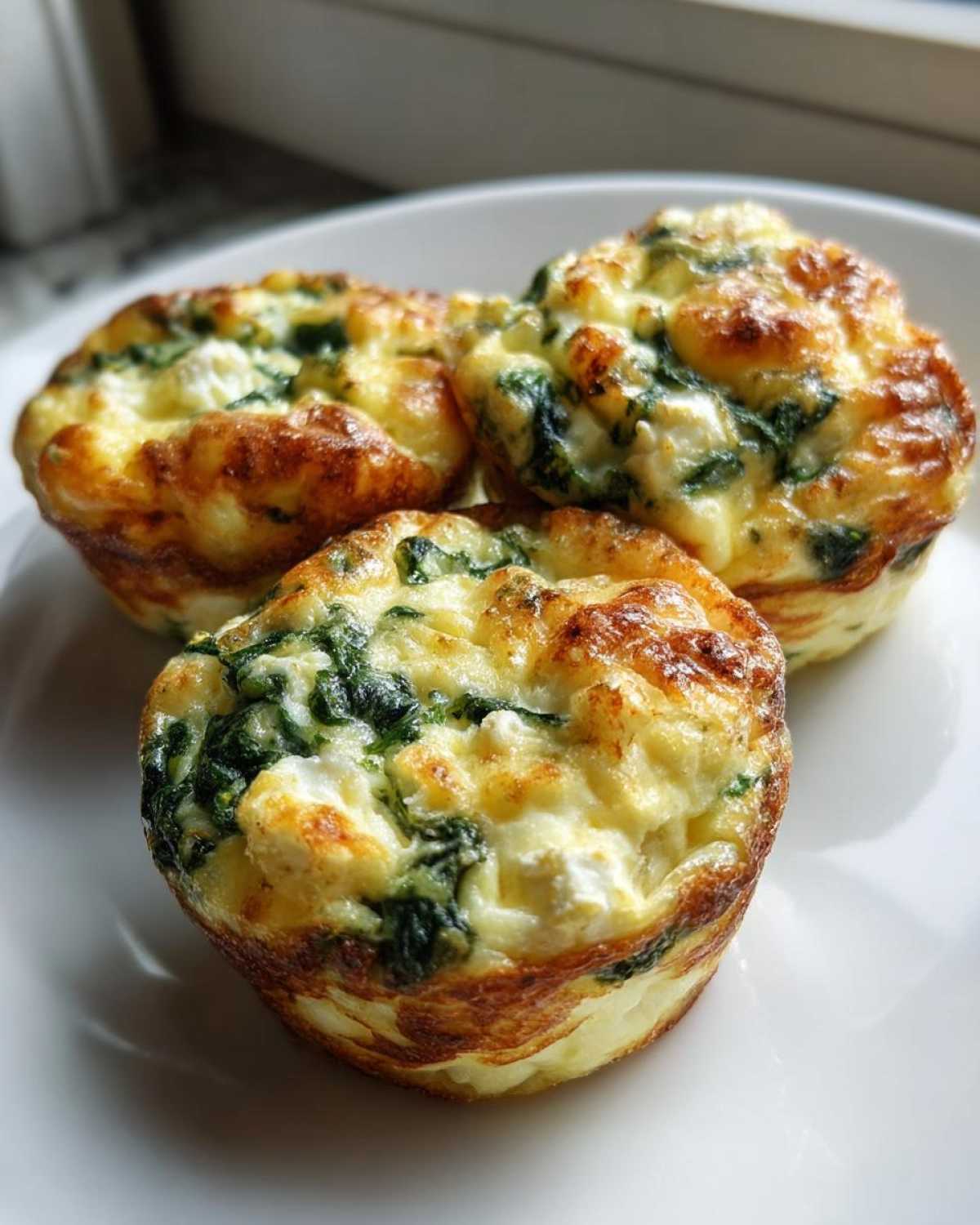 Three Cottage Cheese Egg Cups With Spinach & Feta on a white plate, ready to eat.