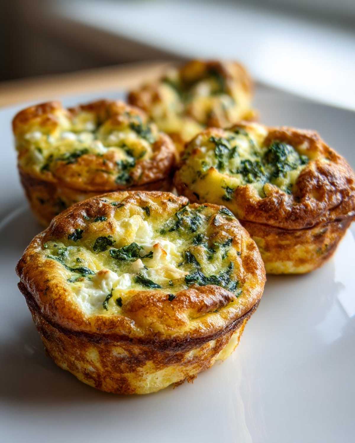 Close-up of Cottage Cheese Egg Cups With Spinach & Feta on a white plate, showcasing their golden-brown texture.