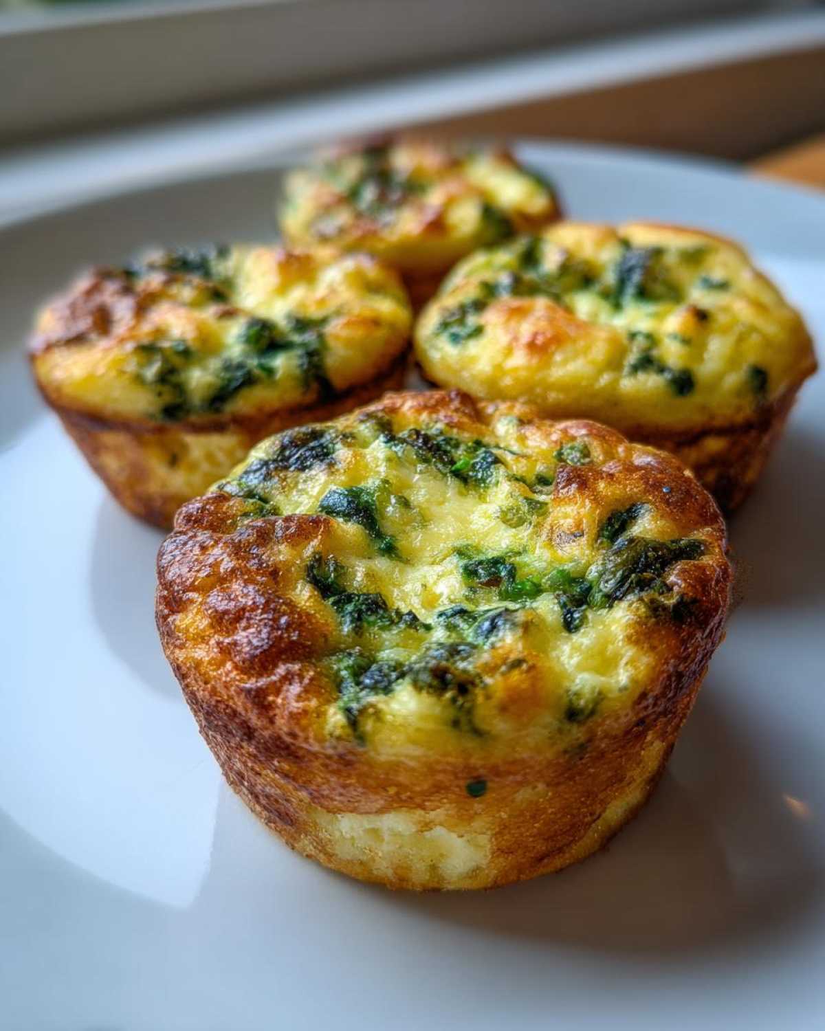Four cottage cheese egg cups with spinach & feta on a white plate, showcasing a healthy breakfast option.