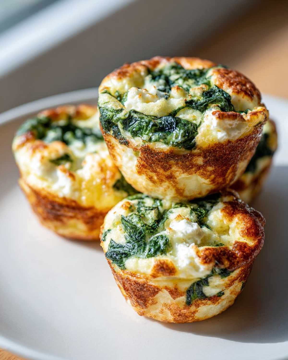 Stack of Cottage Cheese Egg Cups With Spinach & Feta on a plate, ready to eat.