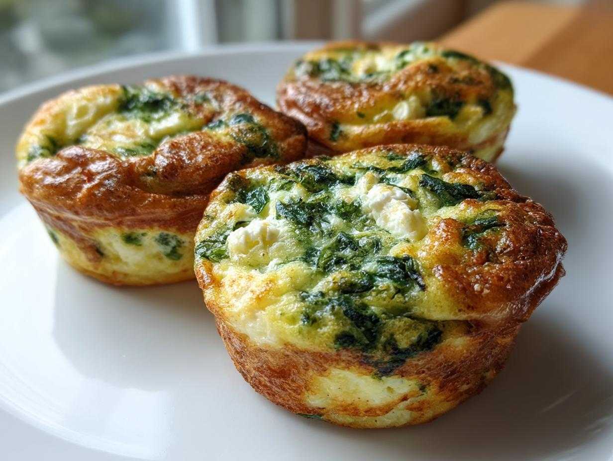 Three cottage cheese egg cups with spinach and feta on a white plate, ready to eat.