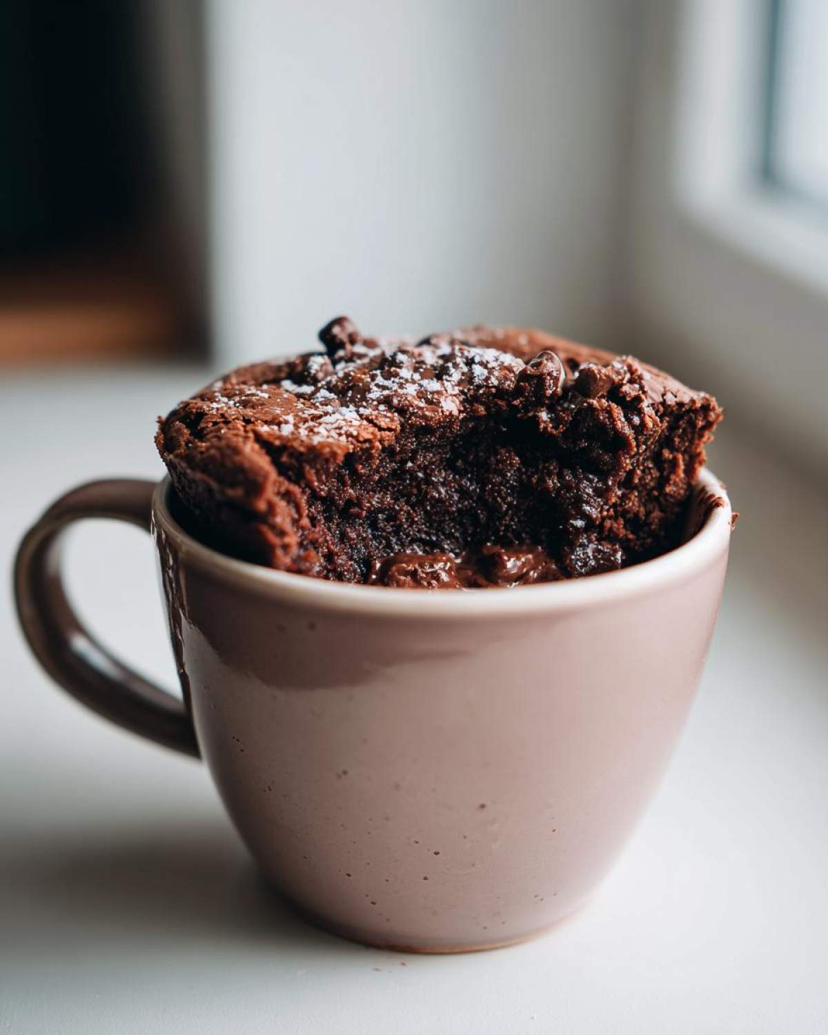 A decadent Cottage Cheese Microwave Brownie in a mug, topped with chocolate chips and powdered sugar.