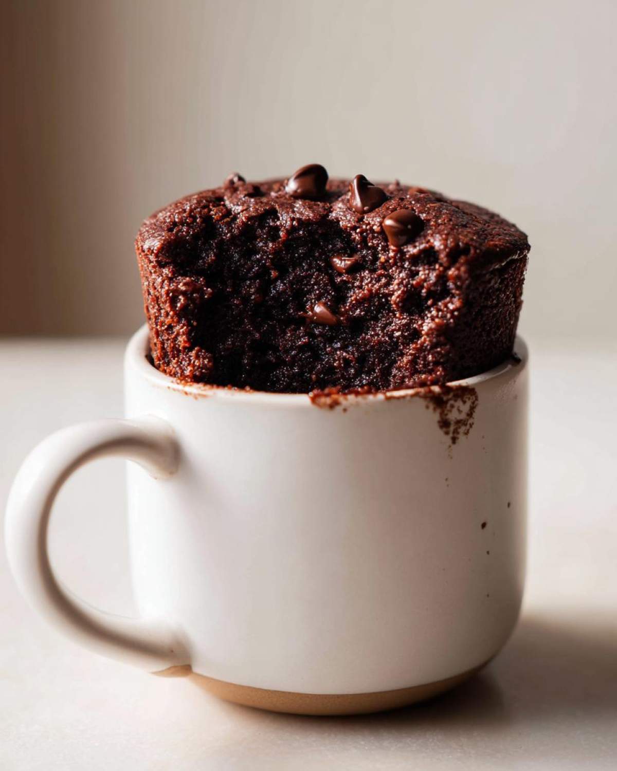 A partially eaten Cottage Cheese Microwave Brownie in a white mug, topped with chocolate chips.
