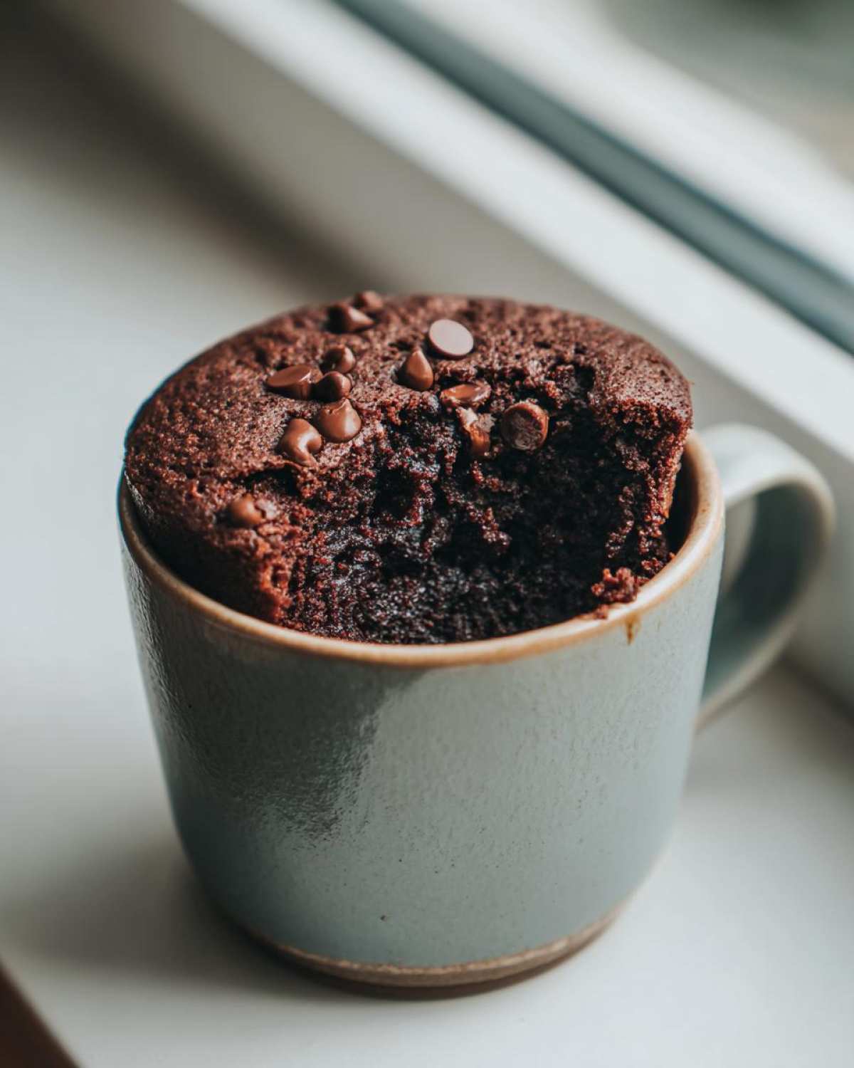A delicious Cottage Cheese Microwave Brownie in a mug, topped with chocolate chips, with a bite taken out.
