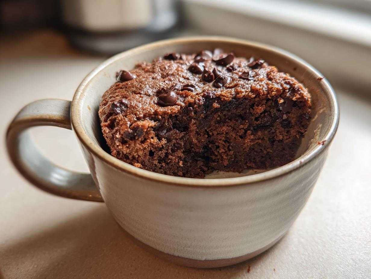 A freshly baked Cottage Cheese Microwave Brownie in a mug, topped with chocolate chips.