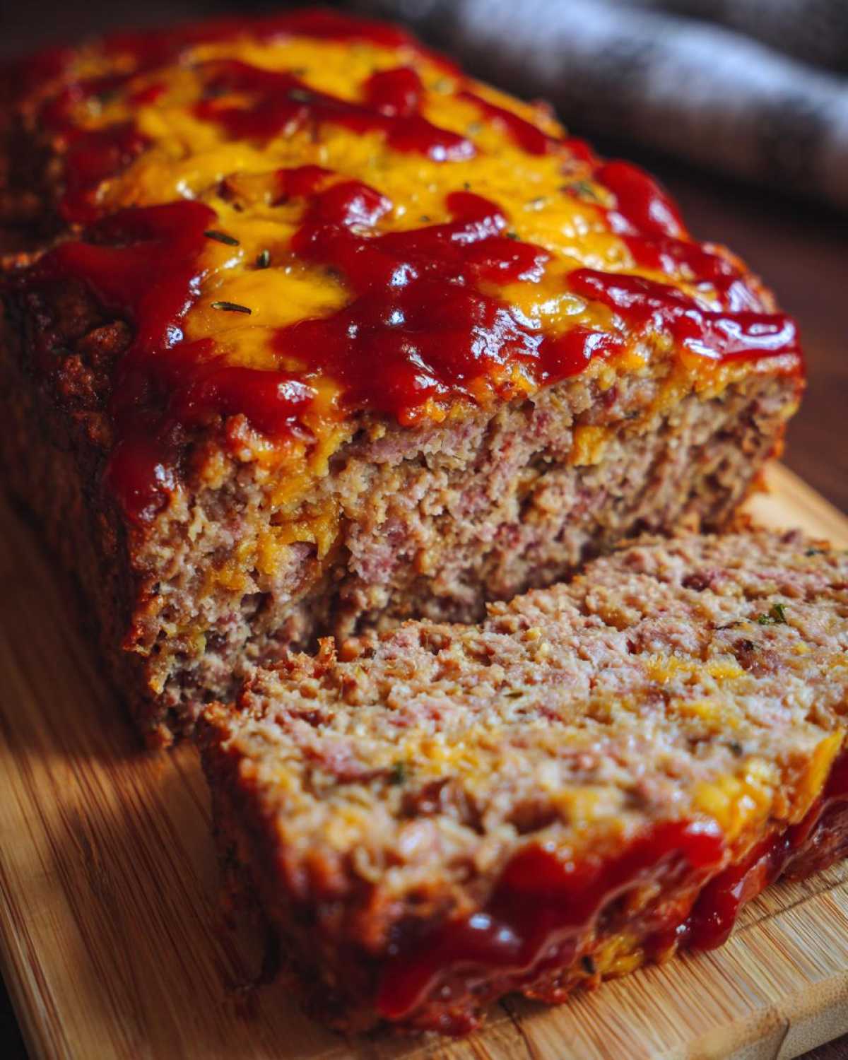 A delicious Cracker Barrel meatloaf copycat loaf with a slice cut, topped with a sweet tomato glaze.