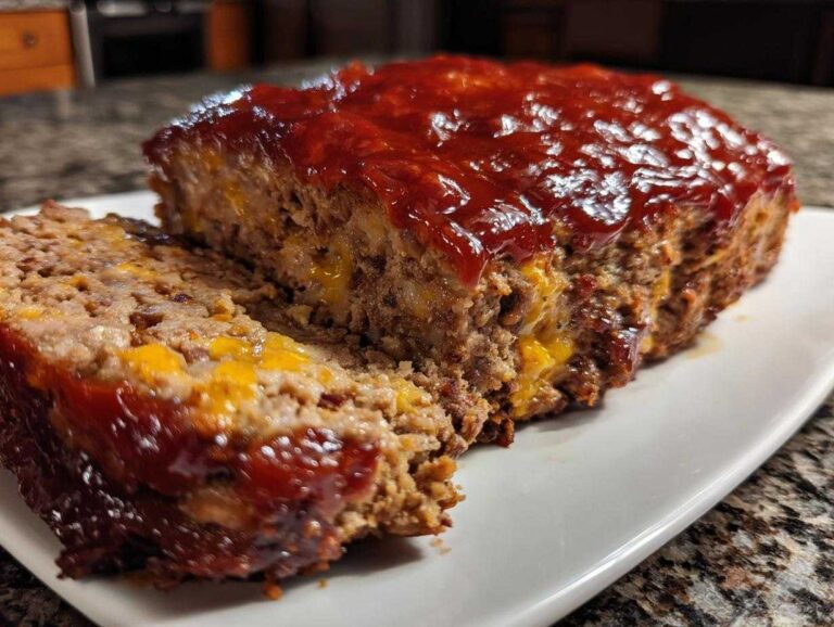 A slice of Cracker Barrel meatloaf copycat, glazed with a rich sauce and showing cheese inside.