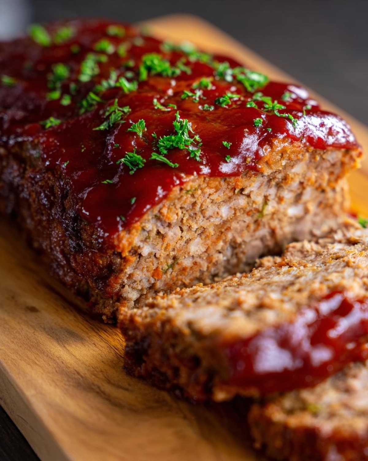 A sliced Cracker Barrel meatloaf copycat on a wooden board, topped with a red glaze and parsley.