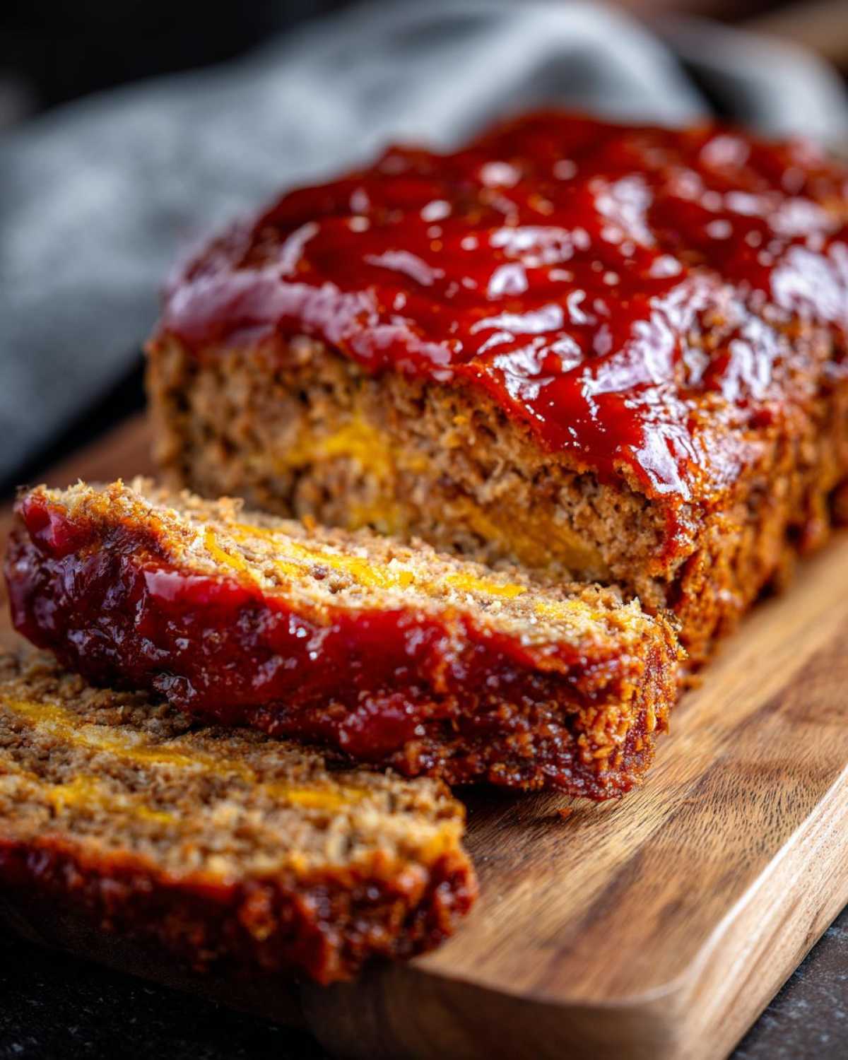 Sliced Cracker Barrel meatloaf copycat with a glazed top on a wooden board.