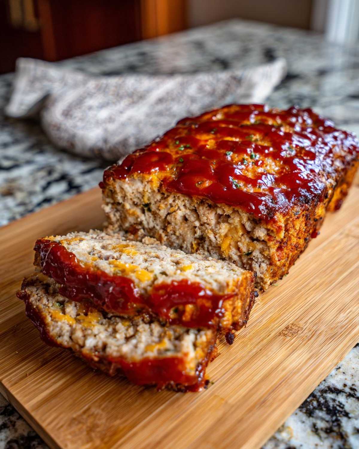 Slices of Cracker Barrel meatloaf copycat on a wooden cutting board, topped with a tangy sauce.