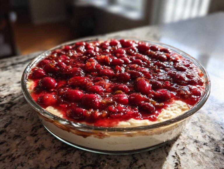 A layered cranberry jalapeno dip in a glass bowl, showcasing the creamy base and cranberry topping.