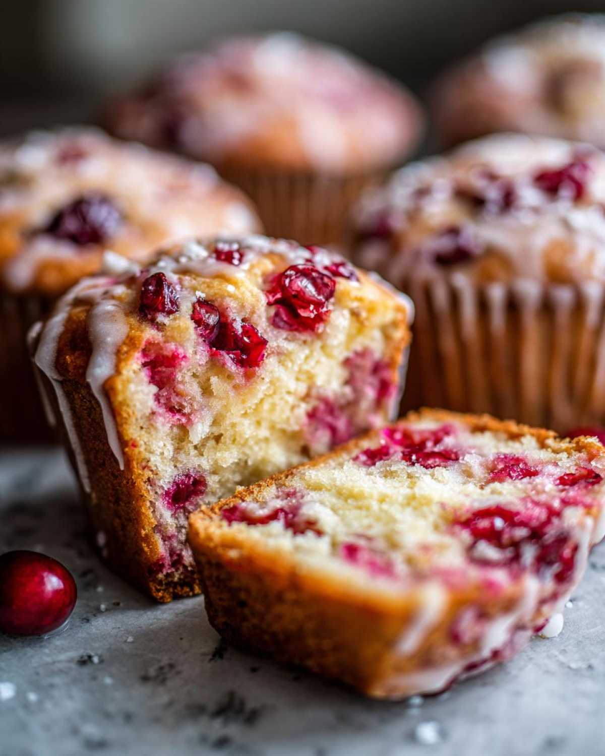 Close-up of cranberry orange muffins, one cut open to show the texture and cranberry distribution.