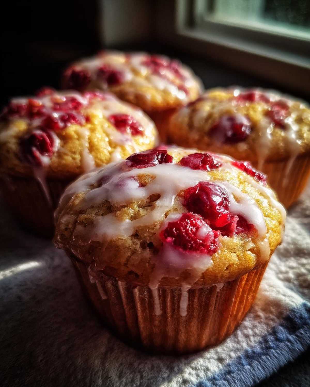 Four glazed cranberry orange muffins sit on a cloth, showcasing their bright red cranberries and sweet icing.