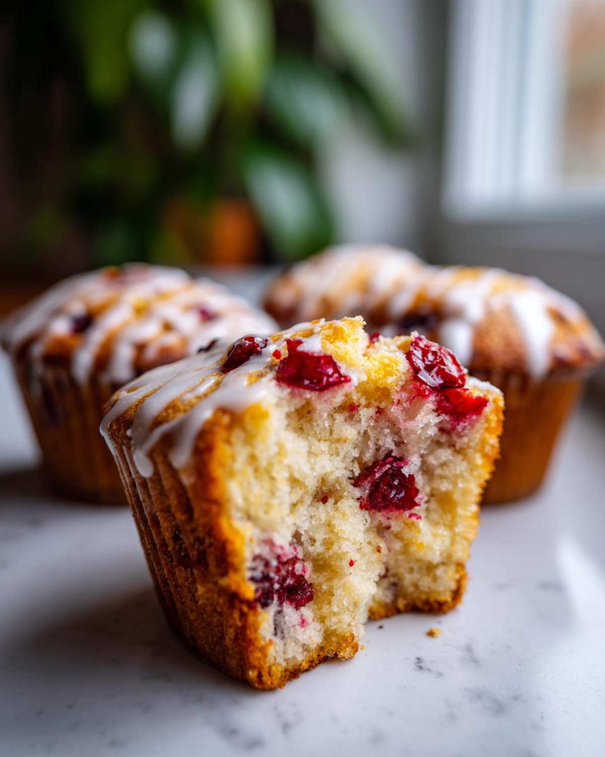 Close-up of cranberry orange muffins with a bite taken out, showing cranberries and glaze.