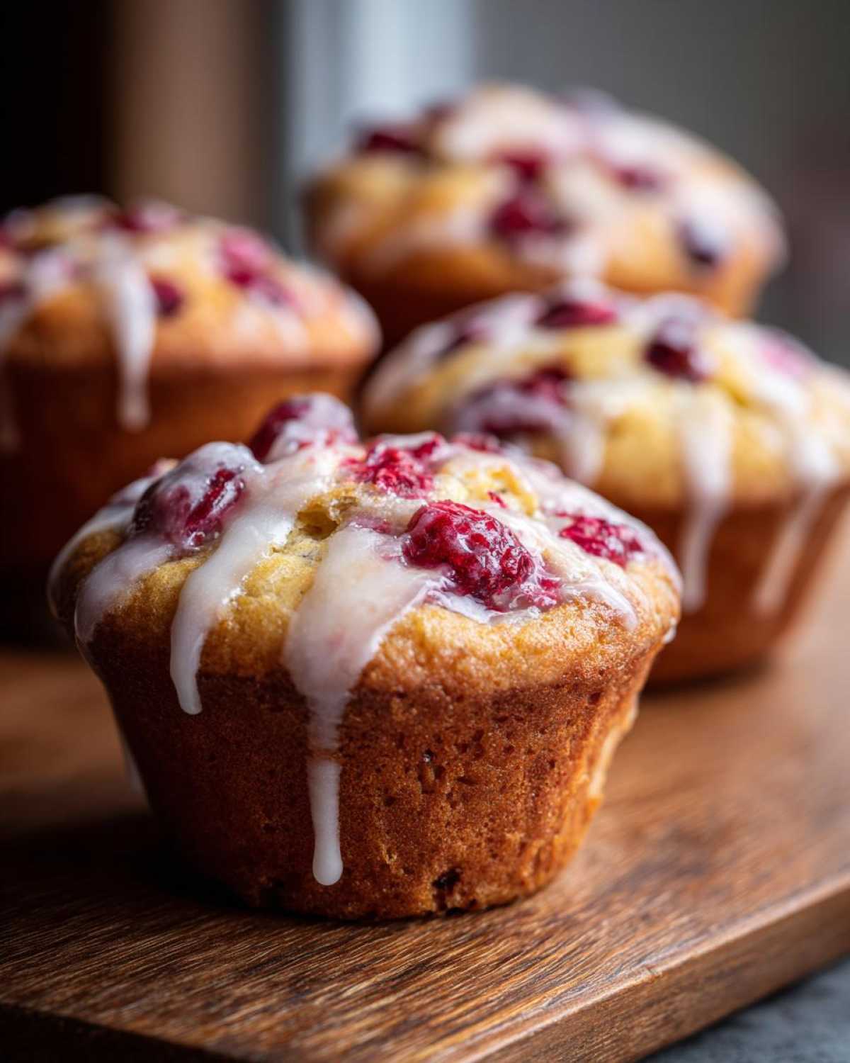 Close-up of cranberry orange muffins with a sweet glaze and fresh cranberries on a wooden board.