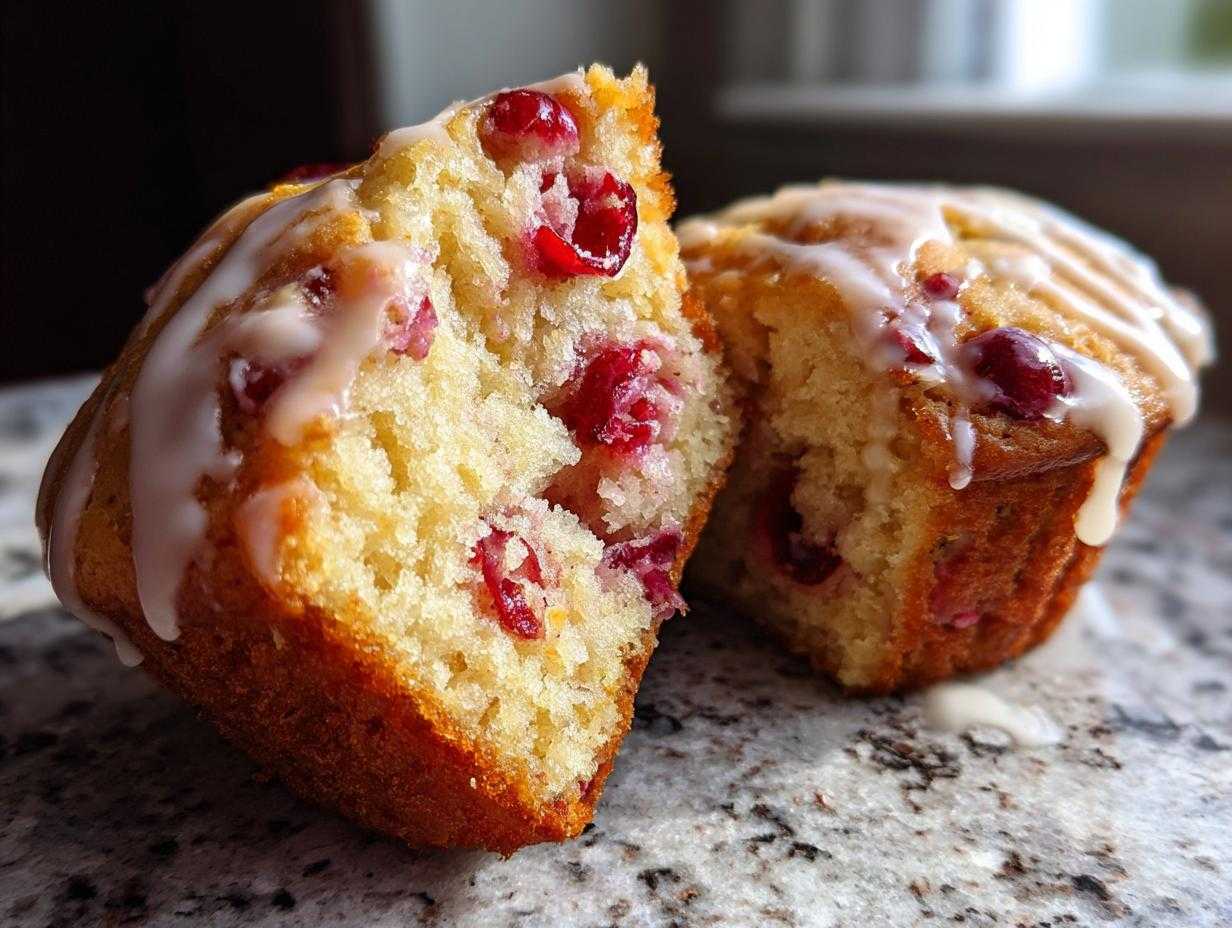 Close-up of a halved cranberry orange muffin with a sweet glaze, showcasing the moist texture and cranberries.