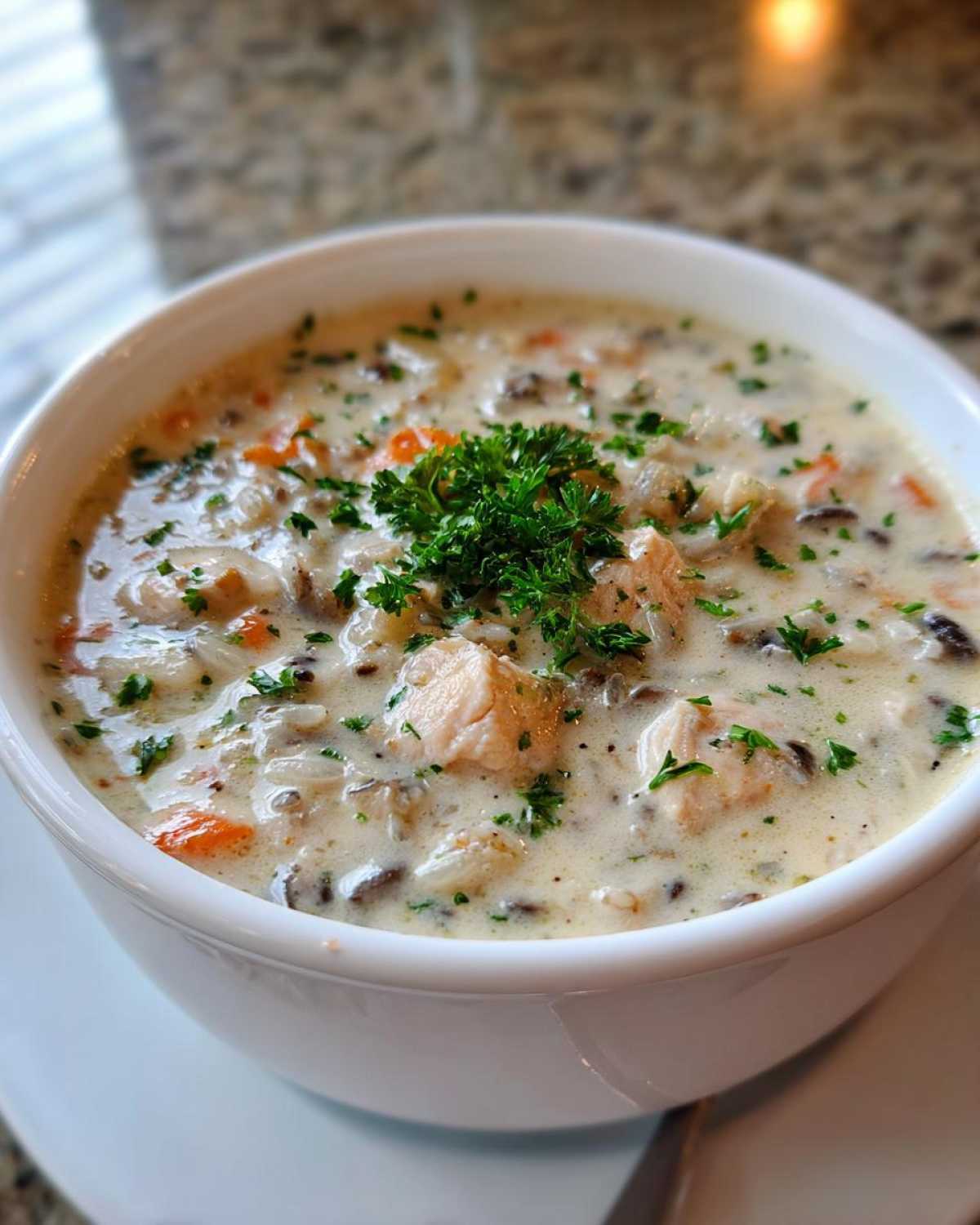 A bowl of creamy chicken wild rice soup, garnished with fresh parsley. Comfort food at its finest!