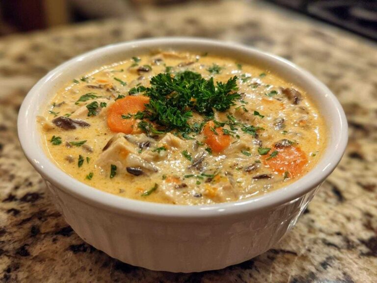 A bowl of creamy chicken wild rice soup with carrots and parsley garnish.