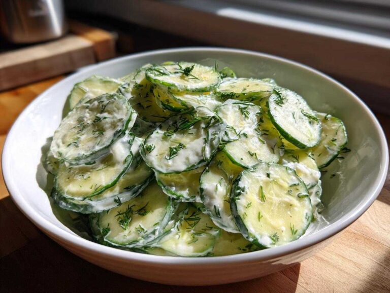 A bowl of creamy cucumber salad with dill, showcasing its fresh and vibrant appearance.
