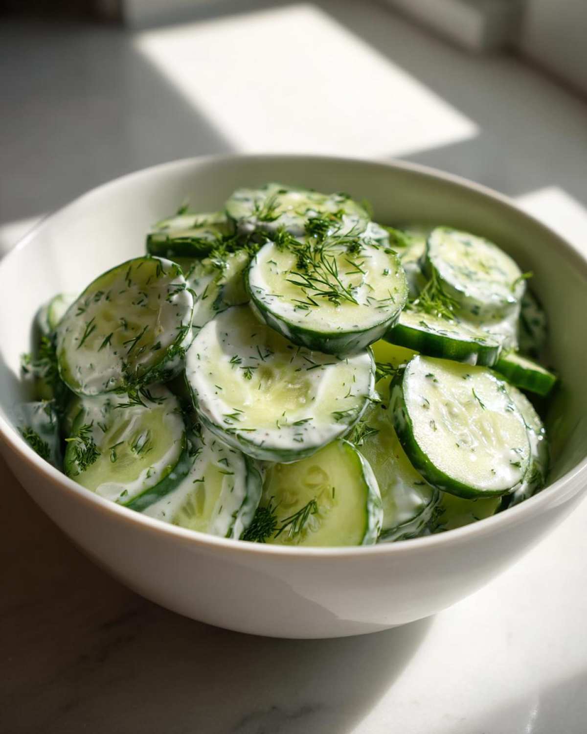Close-up of a bowl filled with creamy cucumber salad, garnished with fresh dill.